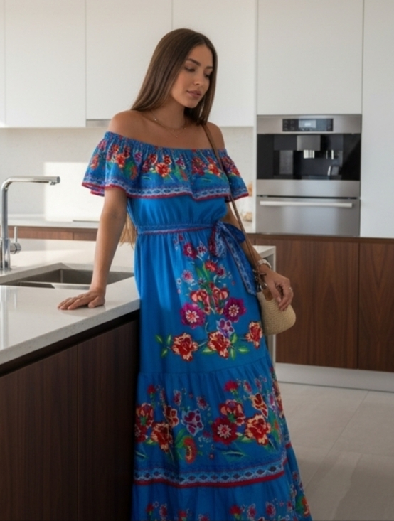 Dresses & Skirts - Floral Ruffle Off Shoulder Belted Elastic Waist Retro 70s Tiered Boho Maxi Dress
